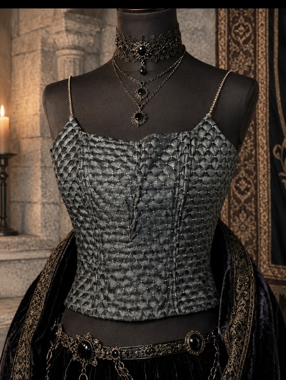 Mid Evil Black Quilted Satin Corset Top with Crystal Straps Y2K